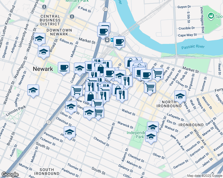 map of restaurants, bars, coffee shops, grocery stores, and more near 117 Prospect Street in Newark