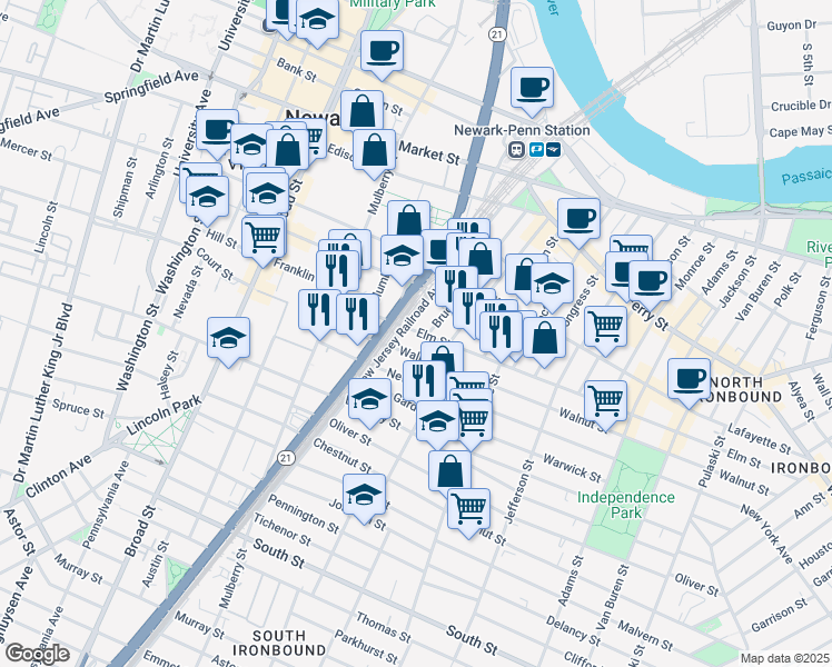 map of restaurants, bars, coffee shops, grocery stores, and more near 52 Elm Street in Newark