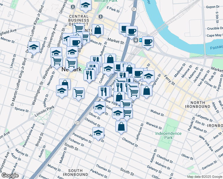 map of restaurants, bars, coffee shops, grocery stores, and more near 52 Elm Street in Newark
