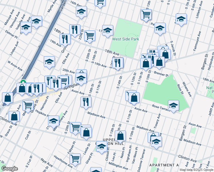 map of restaurants, bars, coffee shops, grocery stores, and more near 747 South 16th Street in Newark