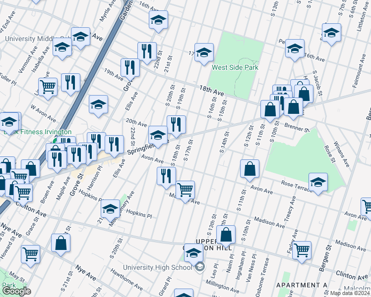 map of restaurants, bars, coffee shops, grocery stores, and more near 762 South 18th Street in Newark