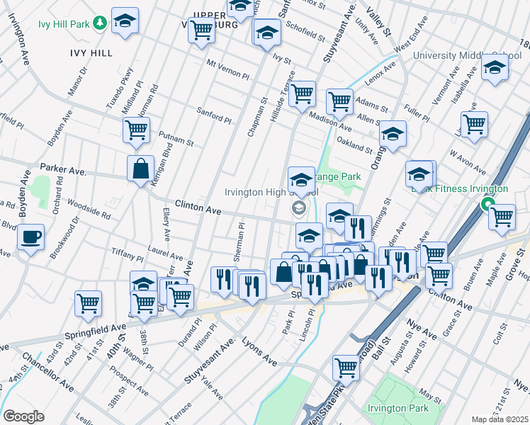 map of restaurants, bars, coffee shops, grocery stores, and more near 513 Stuyvesant Avenue in Irvington