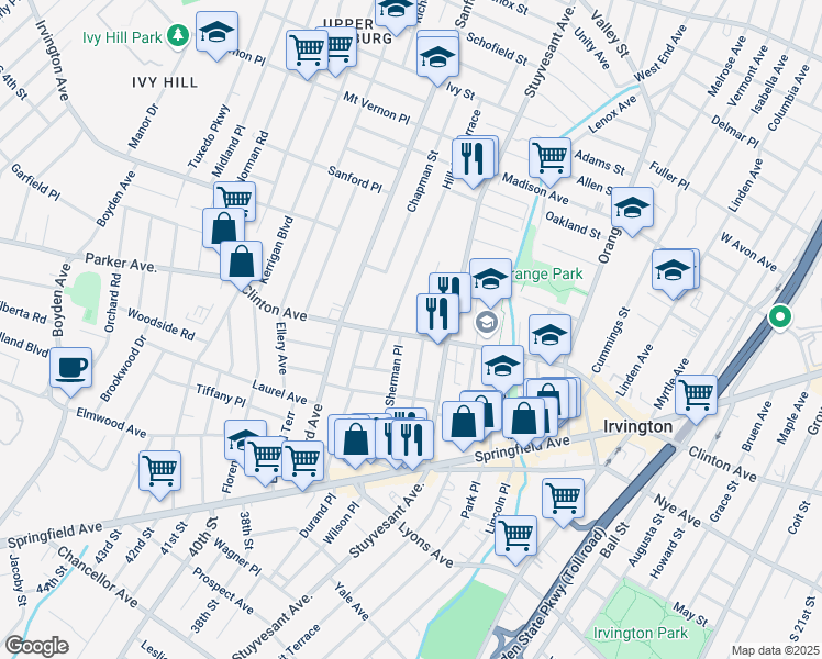 map of restaurants, bars, coffee shops, grocery stores, and more near 194 Hillside Terrace in Irvington
