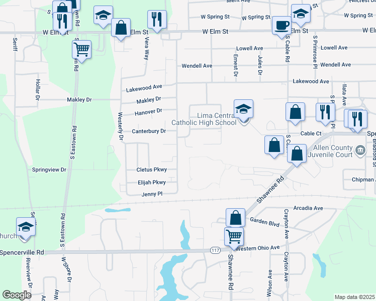 map of restaurants, bars, coffee shops, grocery stores, and more near 2873 Seminole Trail in Lima
