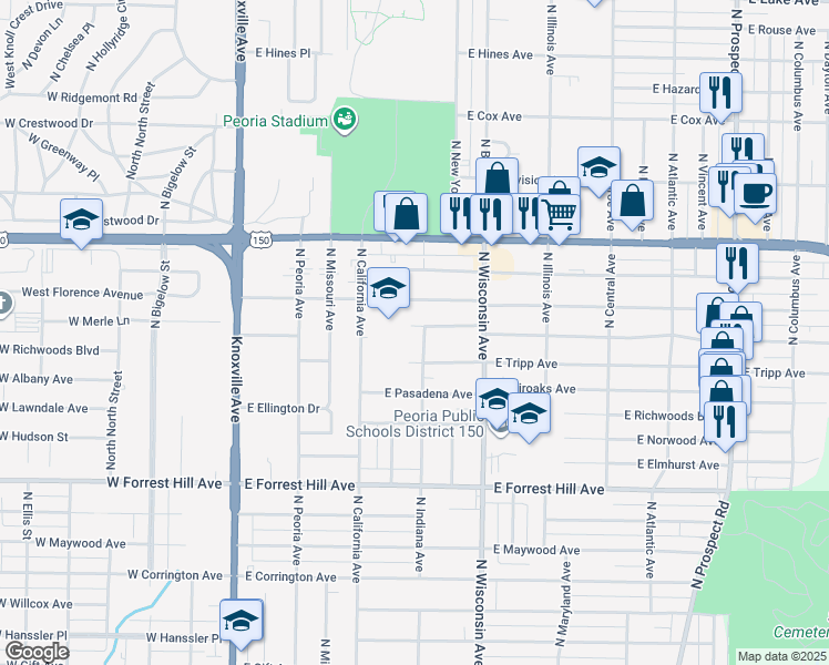 map of restaurants, bars, coffee shops, grocery stores, and more near 525 East Wilson Avenue in Peoria