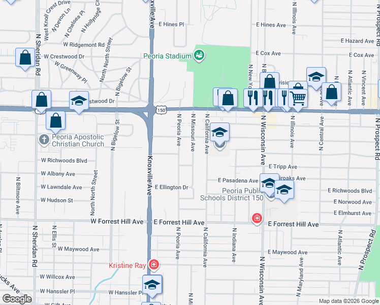 map of restaurants, bars, coffee shops, grocery stores, and more near 3425 North Missouri Avenue in Peoria