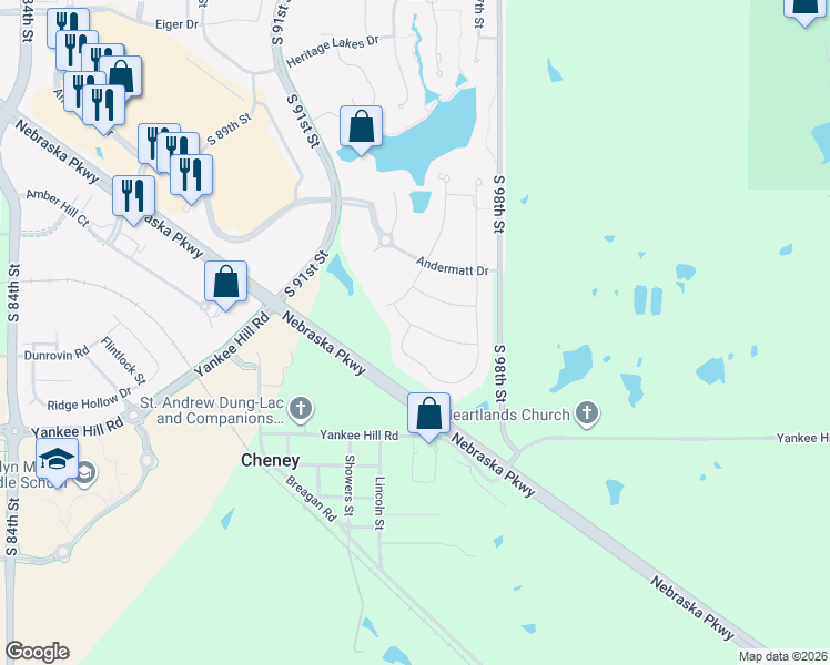 map of restaurants, bars, coffee shops, grocery stores, and more near 9605 Toma Road in Lincoln