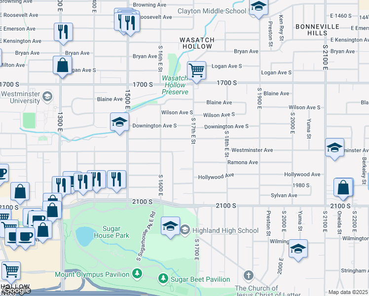 map of restaurants, bars, coffee shops, grocery stores, and more near 1675 Westminster Avenue South in Salt Lake City