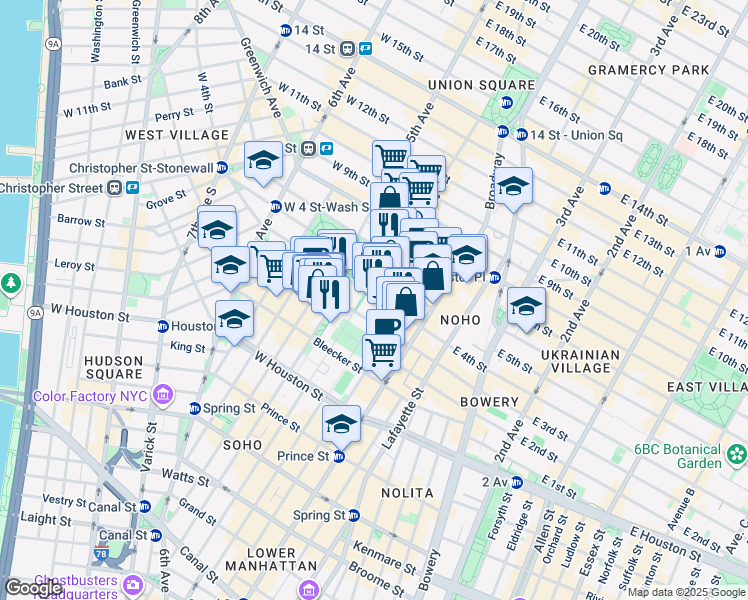 map of restaurants, bars, coffee shops, grocery stores, and more near 50 W 4th Street in New York