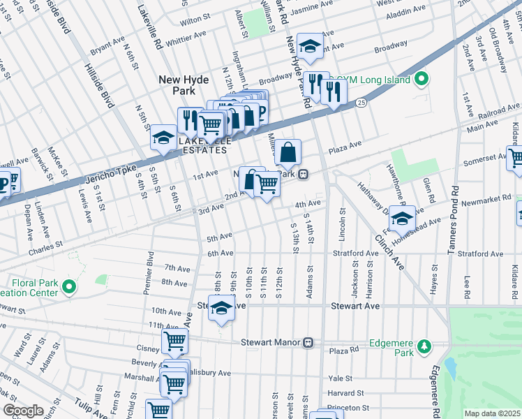map of restaurants, bars, coffee shops, grocery stores, and more near 310 South 11th Street in New Hyde Park
