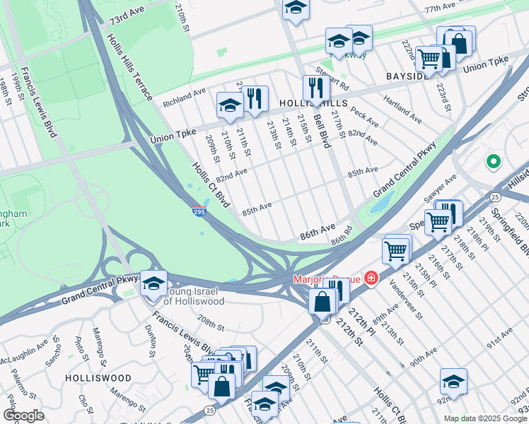 map of restaurants, bars, coffee shops, grocery stores, and more near 85-06 211th Street in Queens