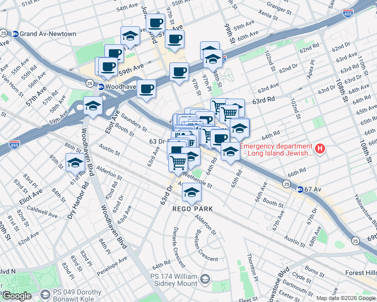 map of restaurants, bars, coffee shops, grocery stores, and more near 63-64 Saunders Street in Queens