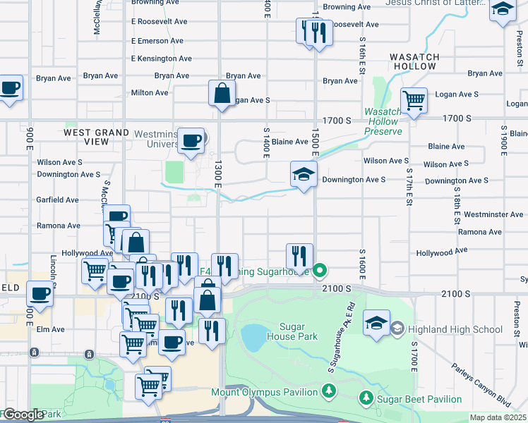 map of restaurants, bars, coffee shops, grocery stores, and more near 1379 Westminster Avenue in Salt Lake City