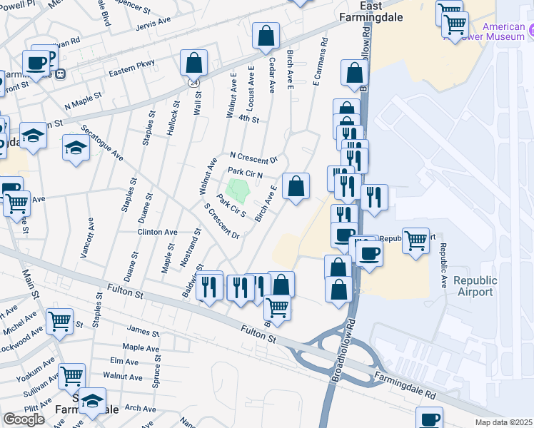 map of restaurants, bars, coffee shops, grocery stores, and more near 6 Birch Court East in Farmingdale