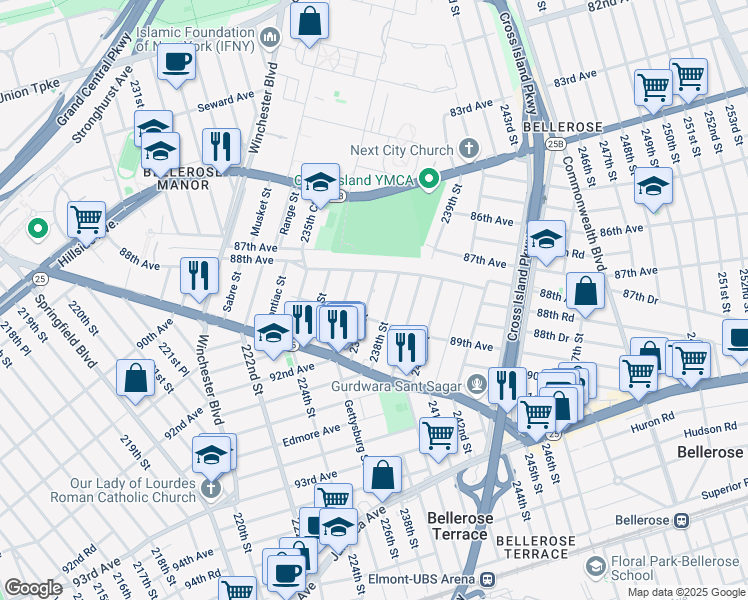 map of restaurants, bars, coffee shops, grocery stores, and more near 88-30 238th Street in Queens