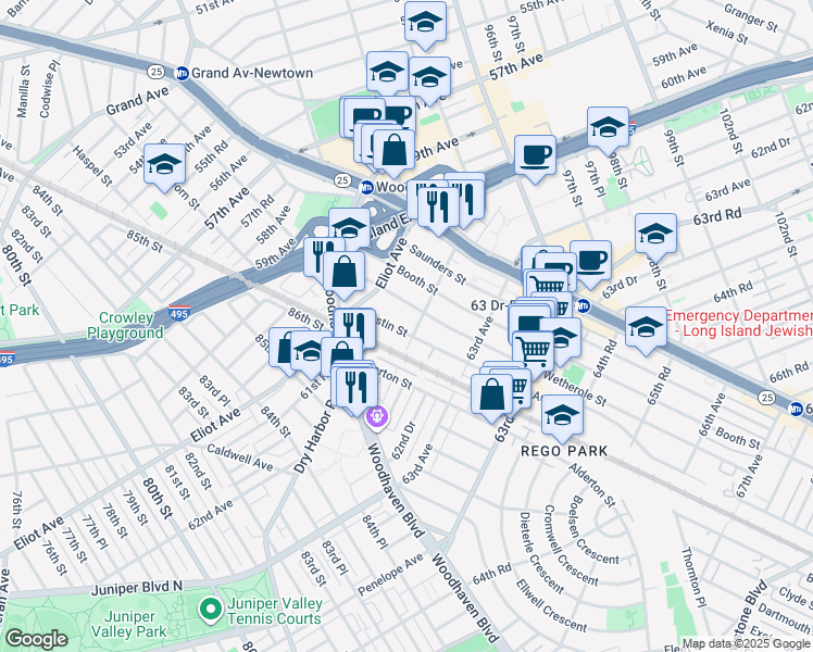 map of restaurants, bars, coffee shops, grocery stores, and more near 61-49 Austin Street in Queens