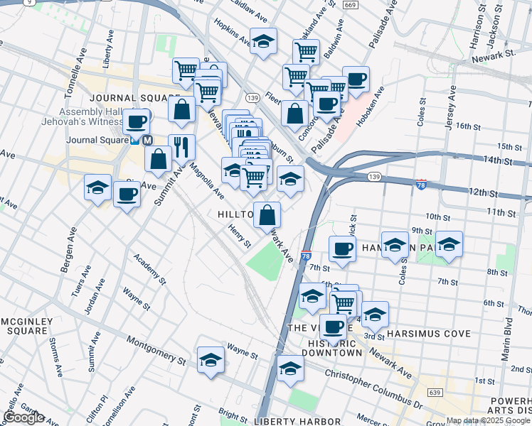 map of restaurants, bars, coffee shops, grocery stores, and more near in Jersey City