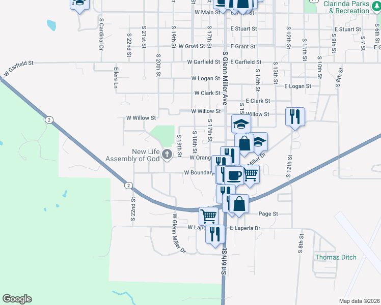 map of restaurants, bars, coffee shops, grocery stores, and more near 800-998 South 19th Street in Clarinda