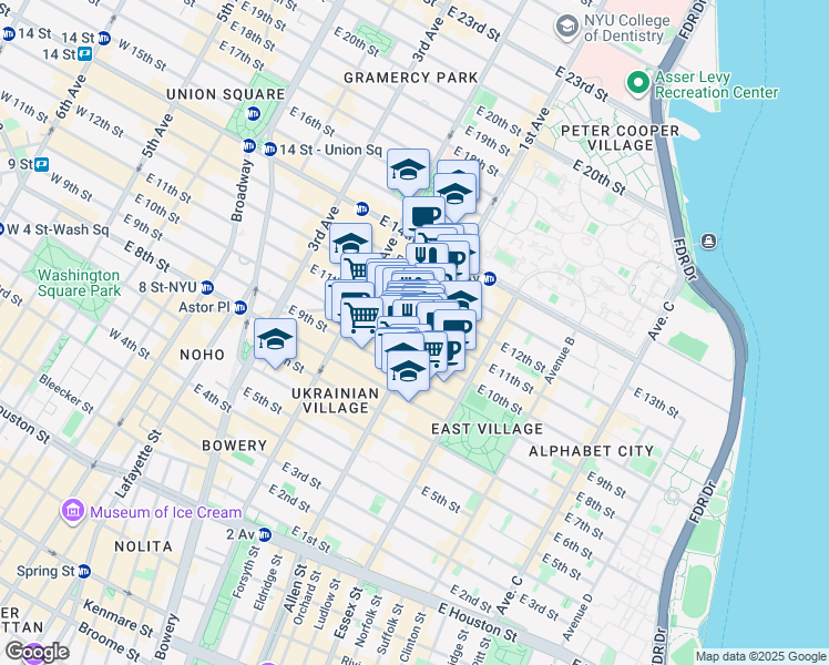 map of restaurants, bars, coffee shops, grocery stores, and more near 358 East 11th Street in New York
