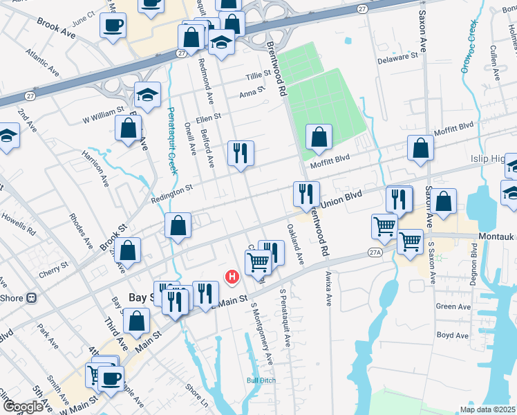 map of restaurants, bars, coffee shops, grocery stores, and more near 2071 Penataquit Avenue in Bay Shore