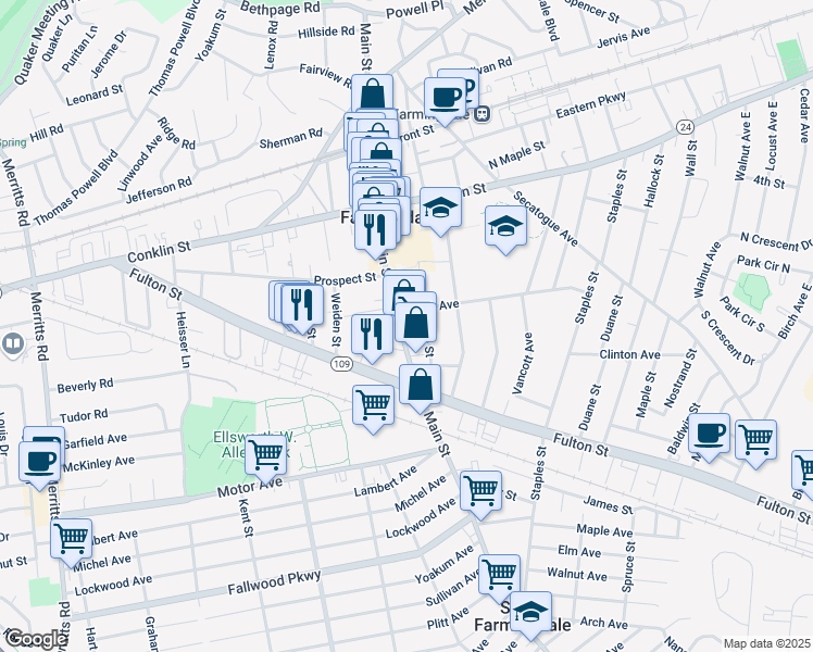 map of restaurants, bars, coffee shops, grocery stores, and more near 441 Main Street in Farmingdale