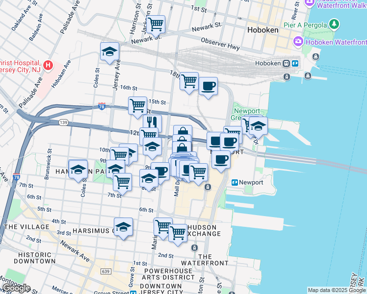 map of restaurants, bars, coffee shops, grocery stores, and more near Newport Parkway in Jersey City