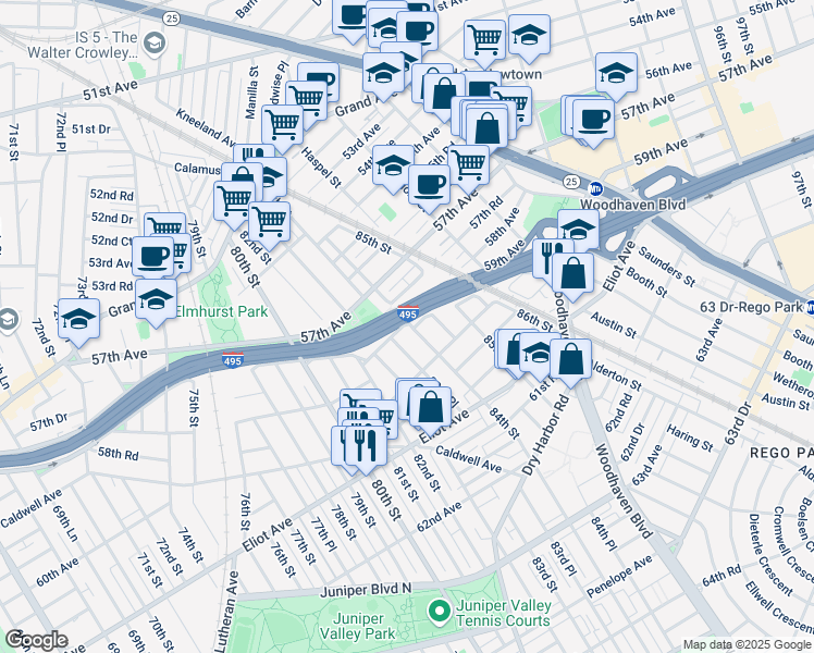 map of restaurants, bars, coffee shops, grocery stores, and more near 8384 58th Avenue in Queens