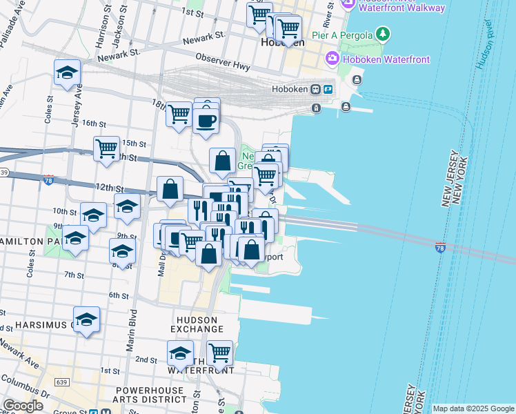 map of restaurants, bars, coffee shops, grocery stores, and more near in Jersey City