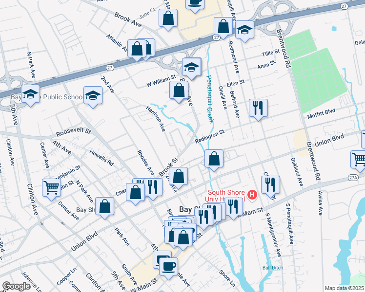 map of restaurants, bars, coffee shops, grocery stores, and more near 6 Westside Avenue in Bay Shore