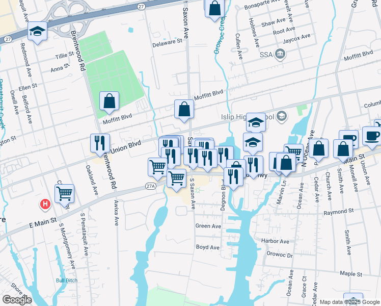 map of restaurants, bars, coffee shops, grocery stores, and more near 2 Saxon Avenue in Bay Shore