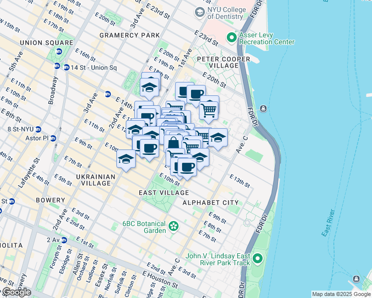 map of restaurants, bars, coffee shops, grocery stores, and more near 206 Avenue A in New York