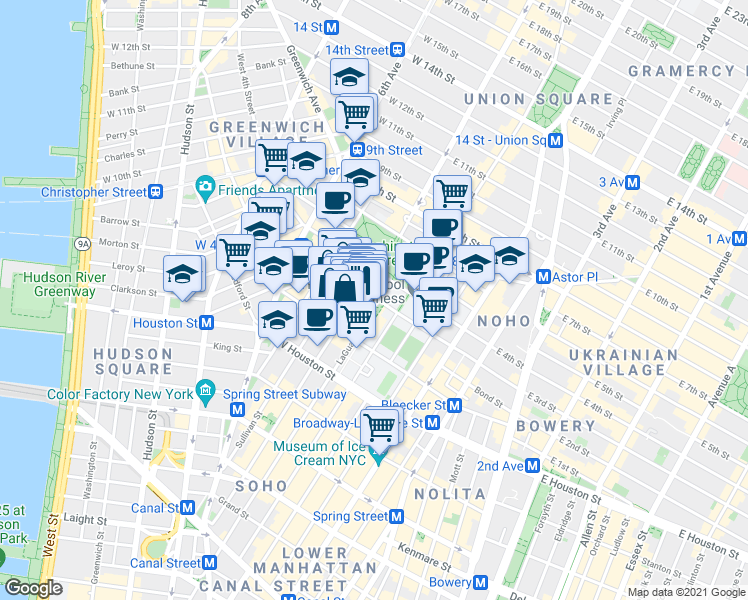 map of restaurants, bars, coffee shops, grocery stores, and more near 64 West 3rd Street in New York