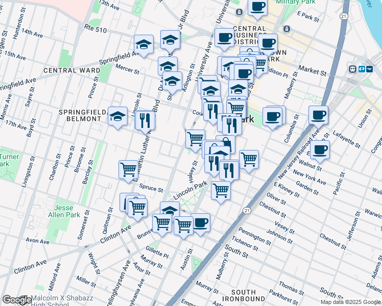 map of restaurants, bars, coffee shops, grocery stores, and more near 40 West Kinney Street in Newark