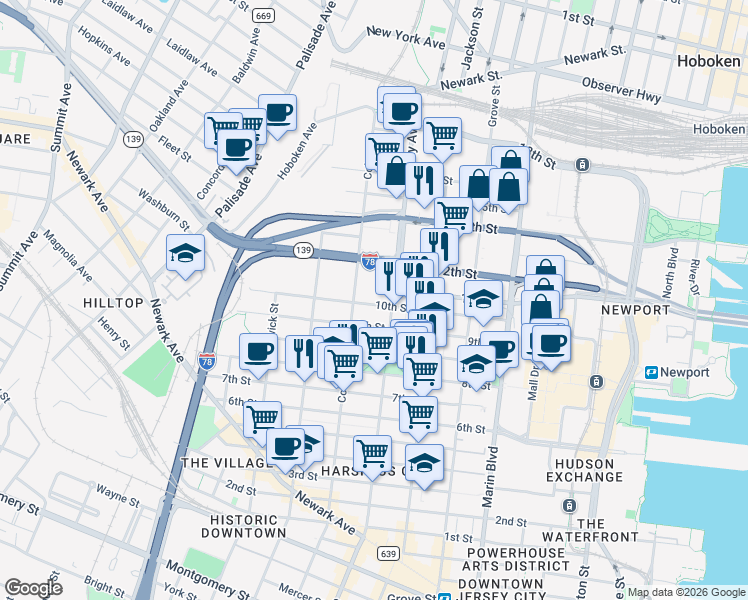 map of restaurants, bars, coffee shops, grocery stores, and more near 270 10th Street in Jersey City