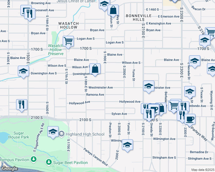 map of restaurants, bars, coffee shops, grocery stores, and more near 1905 Westminster Avenue in Salt Lake City
