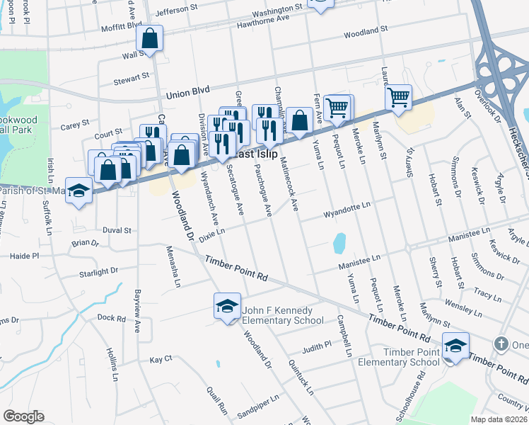 map of restaurants, bars, coffee shops, grocery stores, and more near 30 Pauchogue Avenue in East Islip