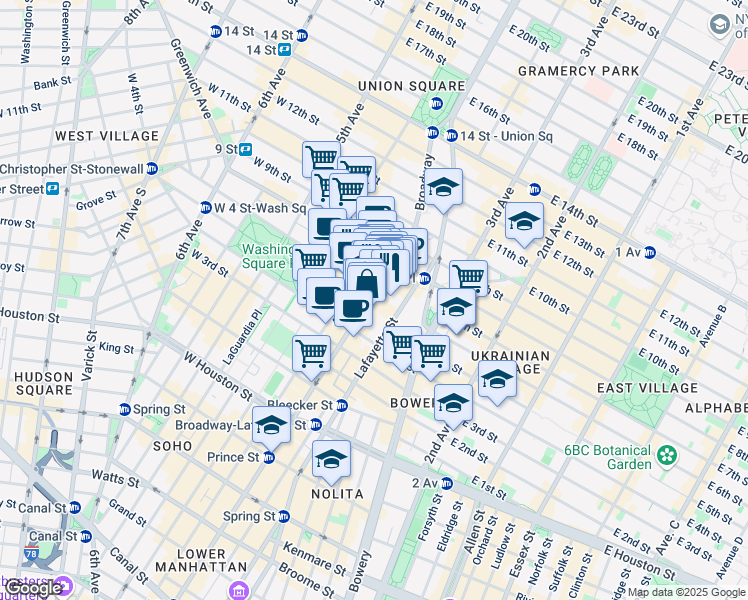 map of restaurants, bars, coffee shops, grocery stores, and more near 726 Broadway in New York
