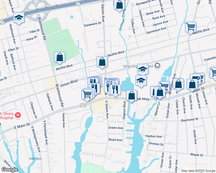map of restaurants, bars, coffee shops, grocery stores, and more near 18 Saxon Avenue in Bay Shore
