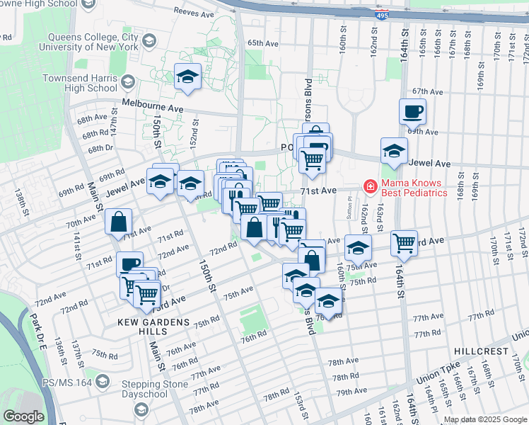 map of restaurants, bars, coffee shops, grocery stores, and more near 154-54 71st Avenue in Queens