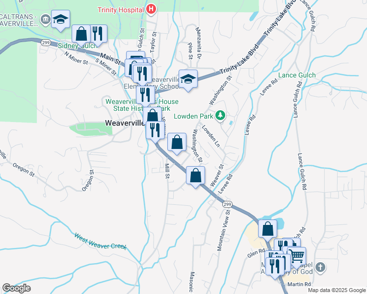 map of restaurants, bars, coffee shops, grocery stores, and more near 128 Brannan Street in Weaverville