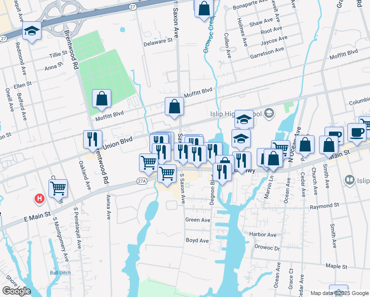 map of restaurants, bars, coffee shops, grocery stores, and more near 18 Saxon Avenue in Bay Shore