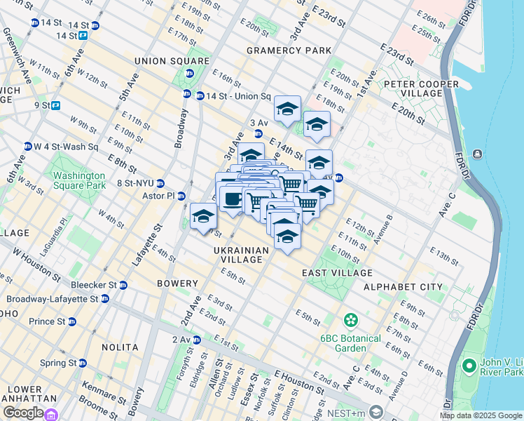 map of restaurants, bars, coffee shops, grocery stores, and more near 210 East 10th Street in New York