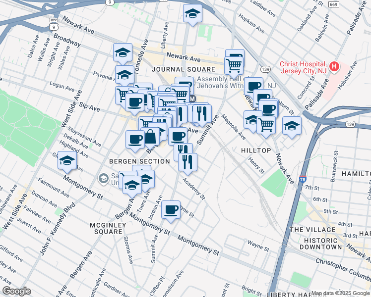 map of restaurants, bars, coffee shops, grocery stores, and more near 16 Jones Street in Jersey City