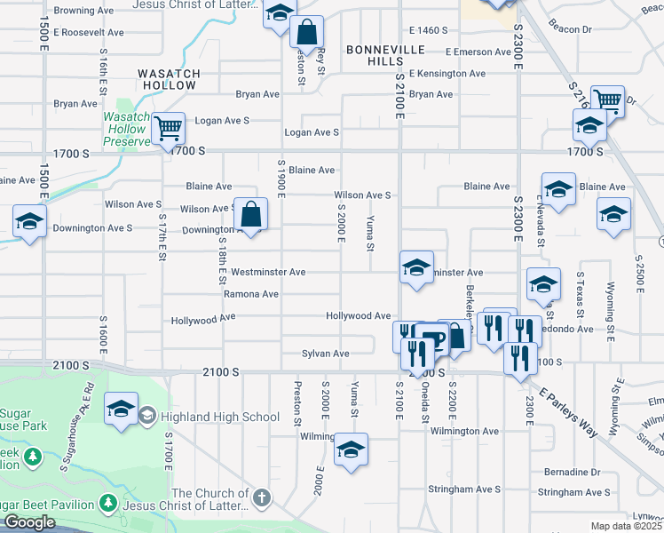map of restaurants, bars, coffee shops, grocery stores, and more near 1979 Westminster Avenue in Salt Lake City