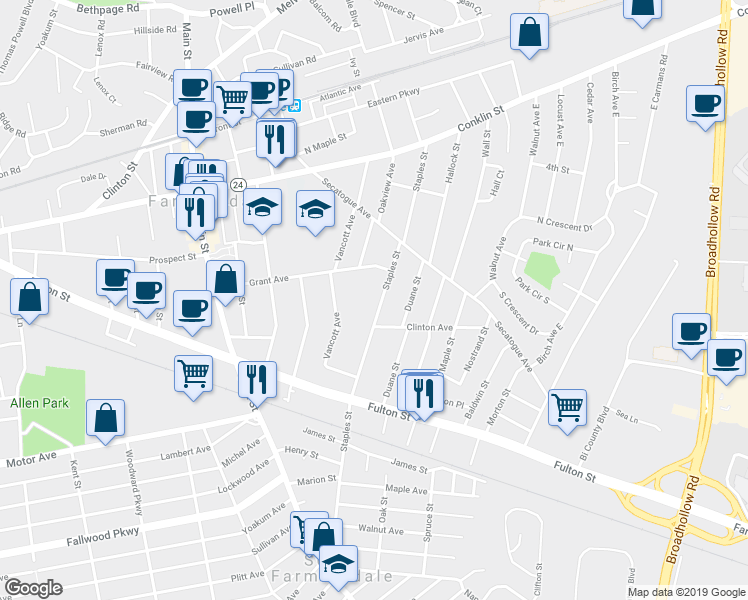 map of restaurants, bars, coffee shops, grocery stores, and more near 240 Staples Street in Farmingdale
