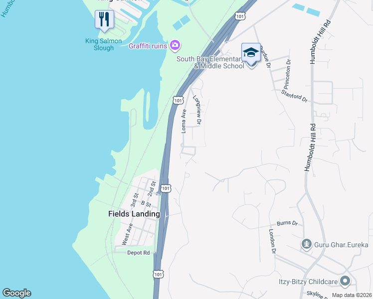 map of restaurants, bars, coffee shops, grocery stores, and more near 1812 Mesa Avenue in Eureka
