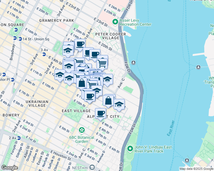 map of restaurants, bars, coffee shops, grocery stores, and more near 625 East 14th Street in New York