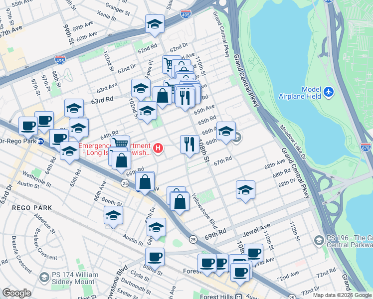 map of restaurants, bars, coffee shops, grocery stores, and more near 105-20 66th Avenue in Queens