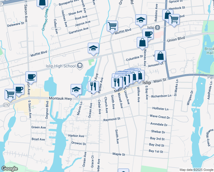 map of restaurants, bars, coffee shops, grocery stores, and more near 401 Main Street in Islip