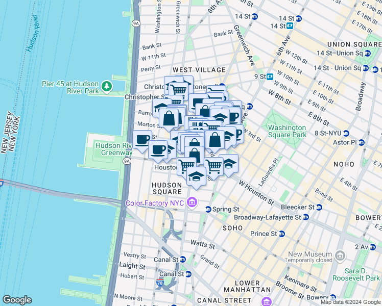 map of restaurants, bars, coffee shops, grocery stores, and more near 3 Clarkson Street in New York